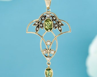 Natural Peridot and Pearl Vintage Victorian Style Filigree Pendant in Solid 9K Gold