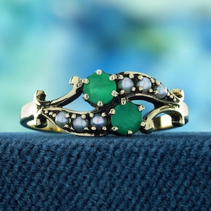 Natural Emerald and Pearl Duo Stone Ring in 9K Yellow Gold, Vintage Style Engagement Ring | Elegant Gift for Her