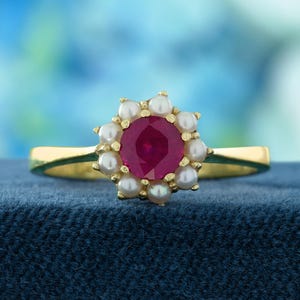 Natural Ruby and Pearl Ring | Vintage Style Floral Design | Solid 14K Yellow Gold Jewelry