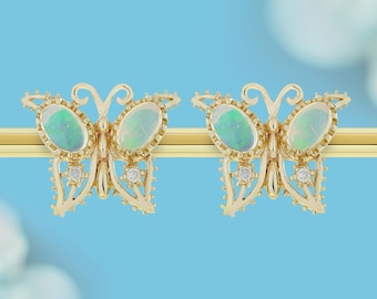 Pendientes de mariposa de ópalo natural con diamantes en oro de 9 quilates, estilo vintage, regalo para ella.