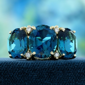 Natural London Blue Topaz Diamond Vintage Style Three Stone Ring in Solid 14K Yellow Gold
