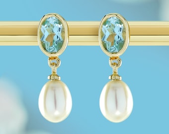 Drop Earring, Natural Blue Topaz & Pearl, Elegant Yellow Gold Jewelry, Womens Gift, Dangle Earrings, Handmade, Statement Style