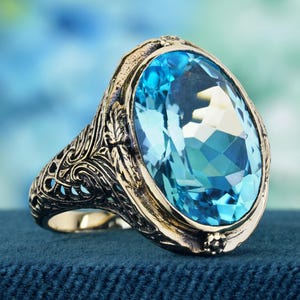 Natural Blue Blue Topaz Vintage Style Cocktail Ring in Solid Yellow Gold