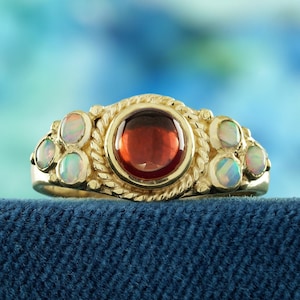 Natural Cabochon Garnet and Opal Ring | Vintage Style 14K Yellow Gold Jewelry | Elegant Gemstone Accessory