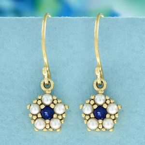 Natural Sapphire and Pearl Earrings | Vintage Floral Dangles in 9K Gold | Perfect Statement Jewelry Gift for Her