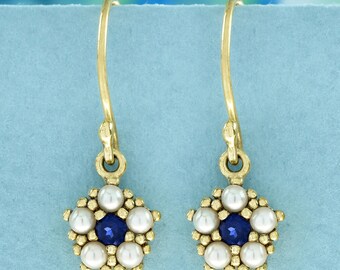 Natural Sapphire and Pearl Earrings | Vintage Floral Dangles in 9K Gold | Perfect Statement Jewelry Gift for Her