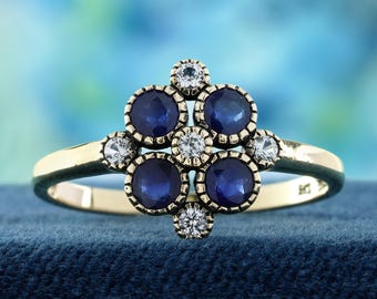 9K Yellow Gold Natural Blue and White Sapphire Vintage Style Cluster Ring