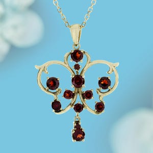 Natural Garnet Victorian Style Pendant - 9K Yellow Gold Necklace, Elegant Gemstone Jewelry, Vintage Inspired Gift for Her