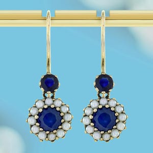 Natural Sapphire & Pearl Floral Drop Earrings in Solid 9K Gold – Vintage Style Elegant Gemstone Jewelry