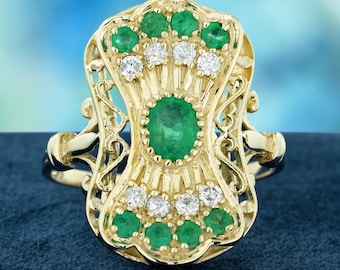 Natural Emerald and Diamond Vintage Style Cocktail Ring in Solid 14K Yellow Gold