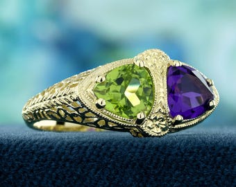 Anillo de estilo vintage con amatista y peridoto naturales / Filigrana de oro amarillo de 9K-14K