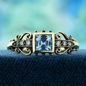 Blue Topaz Diamond Ring Vintage Filigree 9K Yellow Gold Engagement Ring Unique Gift Jewelry