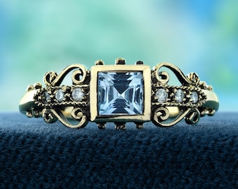 Blue Topaz Diamond Ring | Vintage Filigree 9K-14K Gold Engagement Ring