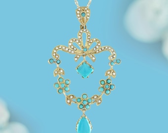 Türkis Schleife Anhänger | viktorianischer Goldcharme | Kleine Perlenkette