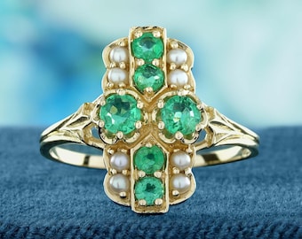 Natural Emerald and Pearl Ring, Vintage Inspired Art Deco Filigree, Solid 9k Gold, Carved Gemstone Jewelry
