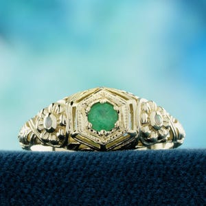 Natural Emerald and Opal Vintage Style Filigree Ring in Solid 9K Yellow Gold | Handcrafted Luxury for Everyday Wear | Stunning Gift Idea