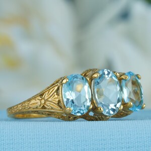 Blue Topaz Art Deco Ring | Solid 9K Yellow Gold Filigree Setting | Three Stone Natural Gemstone Jewelry
