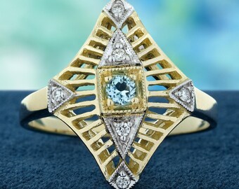 Natural Blue Topaz Ring Vintage Filigree Solid 9K Yellow Gold Diamond Accent Jewelry Gift