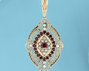 Natural Garnet and Opal Vintage Style Filigree Pendant in solid 9K Yellow Gold