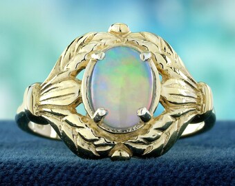 Oval Opal Vintage Style Cocktail Ring in Solid 9K Yellow Gold, Ethereal Gemstone Jewelry
