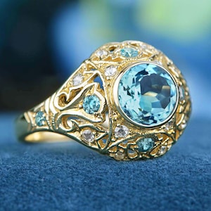 Natural Blue Topaz Dome Ring in Vintage 9K Gold | Elegant Diamond Engagement Jewelry & Anniversary Gift