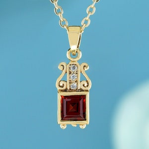 Natural Square Garnet and Diamond Vintage Style Pendant in Solid 9K Yellow Gold