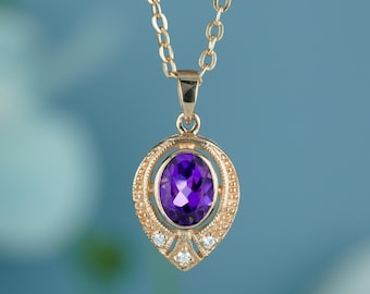 Vintage Style Amethyst Diamond Pendant | 9K-14K Yellow Gold Filigree Jewelry