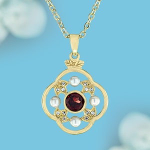Granat Perle Diamant Blumen Anhänger in massivem 9K Gelbgold - Einzigartiger Schmuck Geschenk für Sie, Elegantes & Zeitloses Design