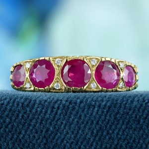Five Stone Ring - Vintage Natural Ruby & Diamond in Solid Yellow Gold - Elegant Jewelry Gift for Her - Unique Retro Design