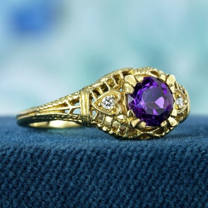Natural Amethyst and Diamond Vintage Style Filigree Ring in Solid Yellow Gold