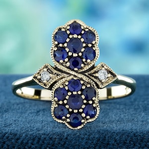 Natural Blue Sapphire Diamond Ring Vintage Floral 9K Yellow Gold Elegant Statement Jewelry