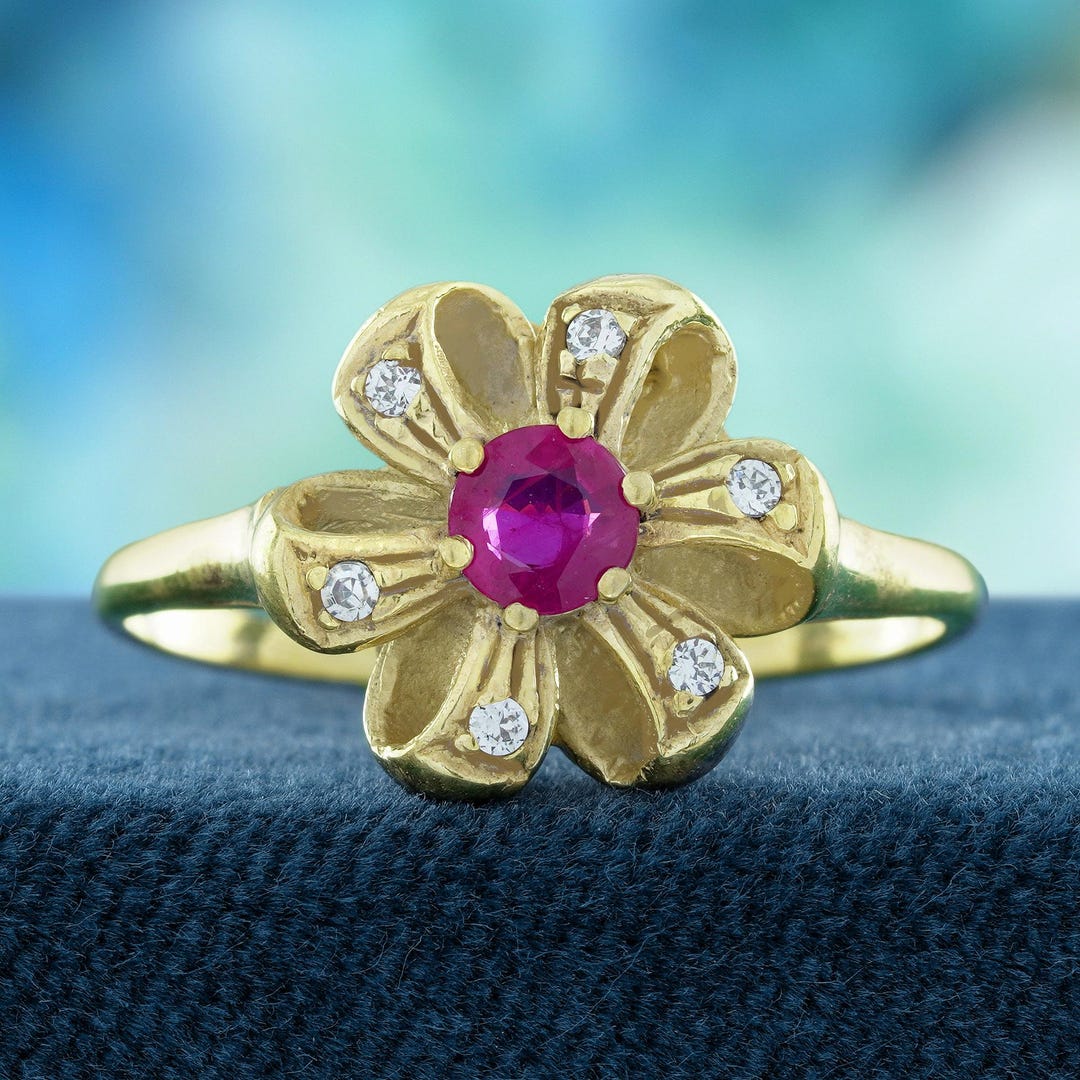 Ruby and Diamond Vintage Floral Ring in Solid 14K Yellow Gold - Etsy