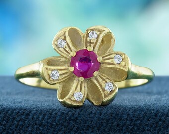 Ruby and Diamond Vintage Floral Ring in Solid 14K Yellow Gold