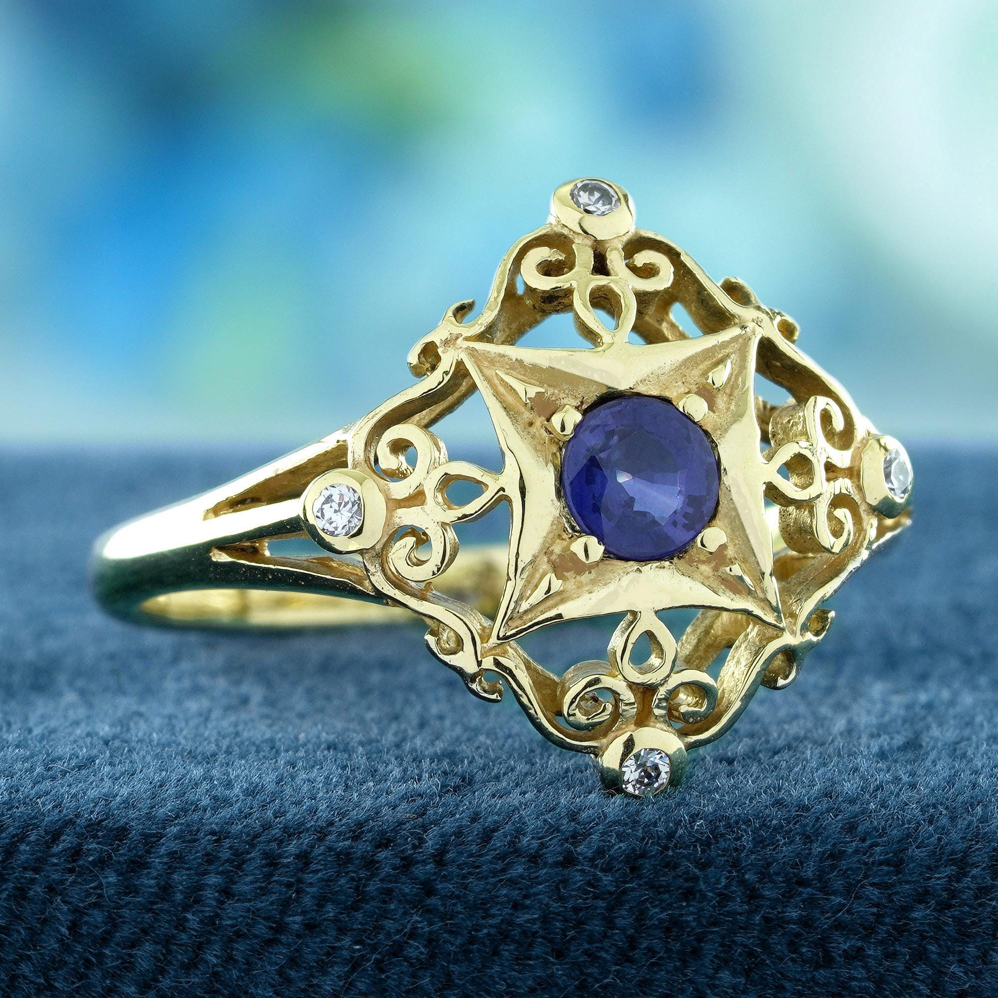 Natural Blue Sapphire Ring: Vintage Filigree Style with Diamond Accents in Solid 14K Yellow Gold