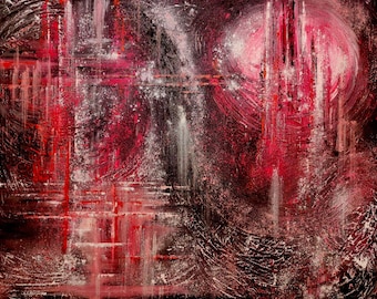 Large Abstract Painting 36x46 – Red Black White- Metallic Resin Wall Art – Spiritual Original Artwork on Hand Stretched Canvas “Courage”