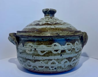 Vintage Studio Pottery Casserole Dish Signed Mia Rustic Stoneware Bean Pot With Lid