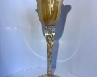 Vintage Murano Style Amber Glass Candle Holder: Tall Twisted Stem Ruffled Rim