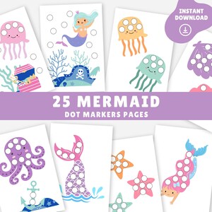Meerjungfrau-Stickerseiten, Stickerbuch, Einfache Malseiten für Kinder, Feinmotorik, Ausdruckbare Kinderaktivität