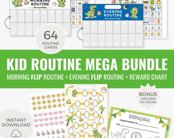 Morning and Bedtime routine charts for kids, Routine flip charts & cards, Reward chart with diploma, Printable sticker chart, Chore Chart