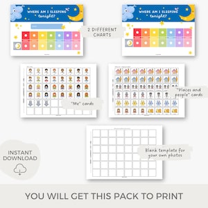 Pu&ograve; includere: Pacchetto stampabile di grafici e schede per aiutare i bambini a tenere traccia di dove dormono di notte. Il pacchetto include due grafici diversi, uno con uno schema di colori arcobaleno e l'altro con un modello vuoto per aggiungere foto. Il pacchetto include anche schede "Io" e schede "Luoghi e persone".