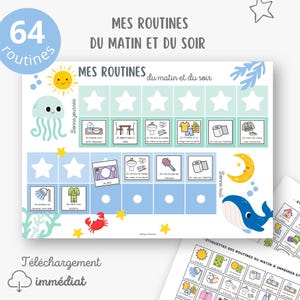 以下が含まれることがあります： 「Mes routines du matin et du soir」（朝のルーティンと夜のルーティン）というタイトルの青と緑の印刷可能なチャート。チャートには、歯磨き、着替え、朝食など、毎日のルーティンの画像が貼られたステッカー用のスペースが64個あります。チャートは子供向けに設計されており、ルーティンについて学ぶのに役立ちます。