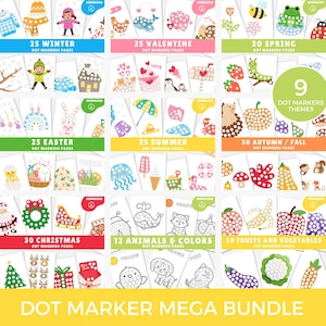 May include: A collection of printable dot marker pages featuring various themes, including winter, Valentine's Day, spring, Easter, summer, autumn/fall, Christmas, animals & colors, and fruits & vegetables. Each theme includes multiple pages for creative activities.