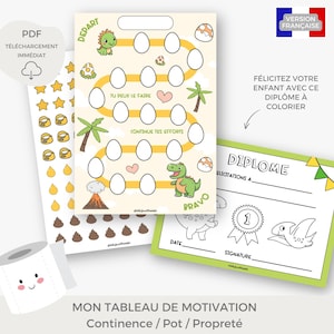 Peut inclure: Un tableau imprimable sur le thème des dinosaures pour aider les enfants à apprendre la propreté. Le tableau comporte un chemin d'œufs à colorier au fur et à mesure que l'enfant progresse. Il comprend un diplôme à colorier lorsque l'enfant termine le tableau. Le texte sur le tableau dit "Mon Tableau de Motivation Continence / Pot / Propreté".