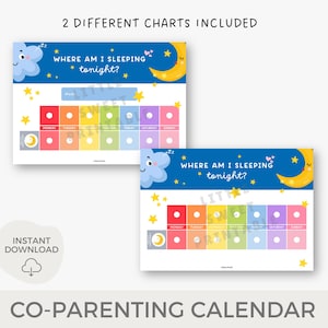Pu&ograve; includere: Due calendari di co-genitorialit&agrave; stampabili con sfondo blu e una luna e una nuvola di cartoni animati. I calendari sono intitolati "Dove dormo stanotte?" e hanno uno spazio per ogni giorno della settimana. I calendari sono progettati per i genitori che condividono la custodia del loro bambino.