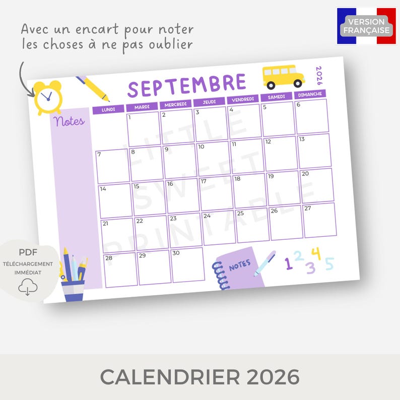 Puede incluir: Calendario imprimible de septiembre de 2026 con un dise&ntilde;o morado y blanco. El calendario incluye una secci&oacute;n para notas e ilustraciones de un autob&uacute;s escolar, un despertador y &uacute;tiles escolares. El texto "SEPTIEMBRE" se muestra de forma destacada.