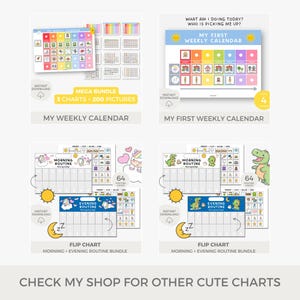 May include: A set of printable charts for children to use as a visual aid for their daily routines. The charts include a weekly calendar, a morning routine, and an evening routine. The charts are designed with colorful illustrations and are easy to understand for young children.