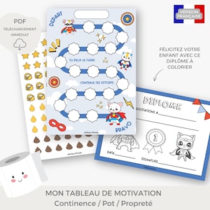 Peut inclure: Un tableau imprimable sur le thème des super-héros pour aider les enfants à apprendre la propreté. Le tableau présente un fond bleu et blanc avec un chemin d'étoiles et un personnage de super-héros à la fin. Le tableau comprend le texte "Depart", "Tu peux le faire", et "Continue tes efforts". Il y a aussi un diplôme imprimable avec un personnage de super-héros et le texte "Diplome" et "Felicitez votre enfant avec ce diplome a colorier".