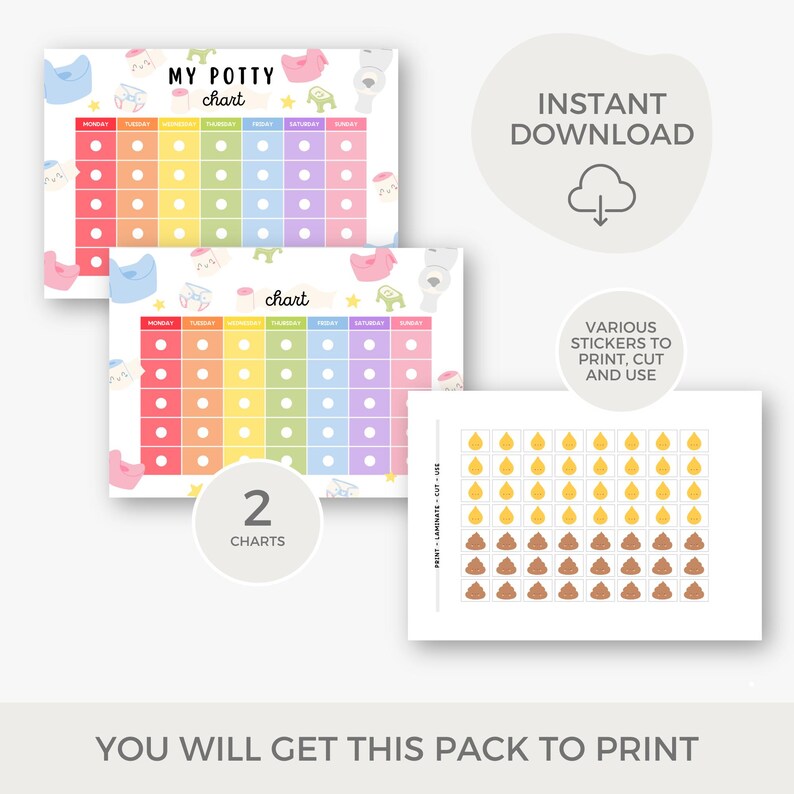 May include: Printable potty training chart with two charts, each with a rainbow design and a variety of stickers to use. The stickers include yellow raindrops and brown poop shapes.