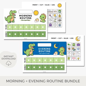 Morgen- UND Abendroutinendiagramm, Ritualplakat für Kinder, Verantwortungscheckliste, druckbarer visueller Zeitplan, Dinosaurier