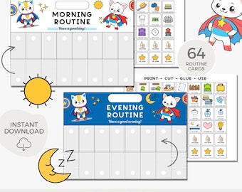 Morning routine chart for kids, Bedtime routine flip chart, Daily routine, Printable visual schedule, Chore chart, After school routine